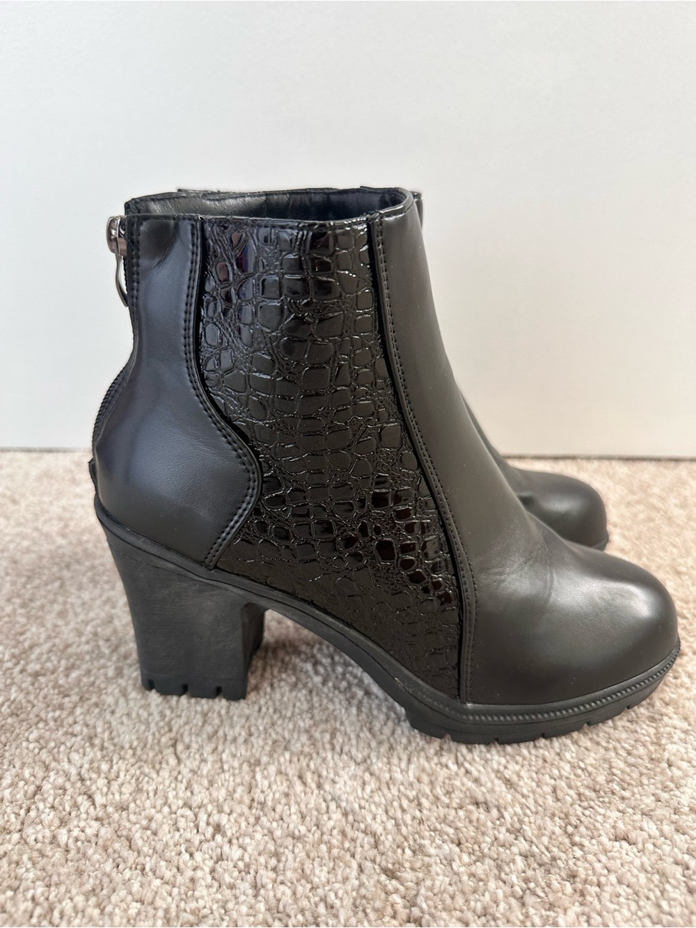 Black Chunky Heel Ankle Boots- Croc Embossed Detail US 8.5